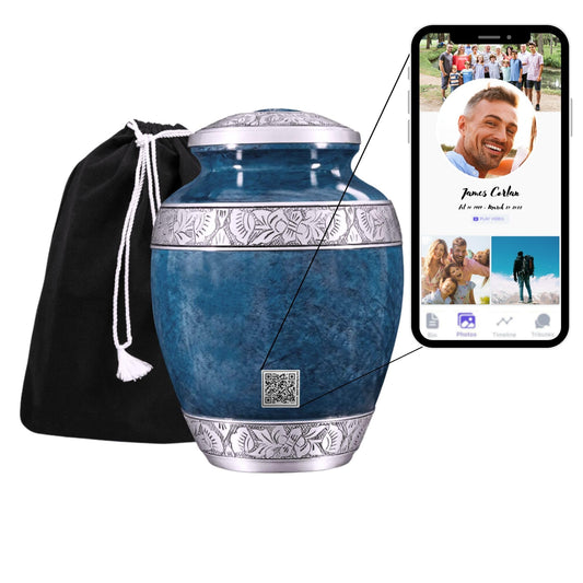 QR Cremation Urn with Memorial Webpage - Blue Marble